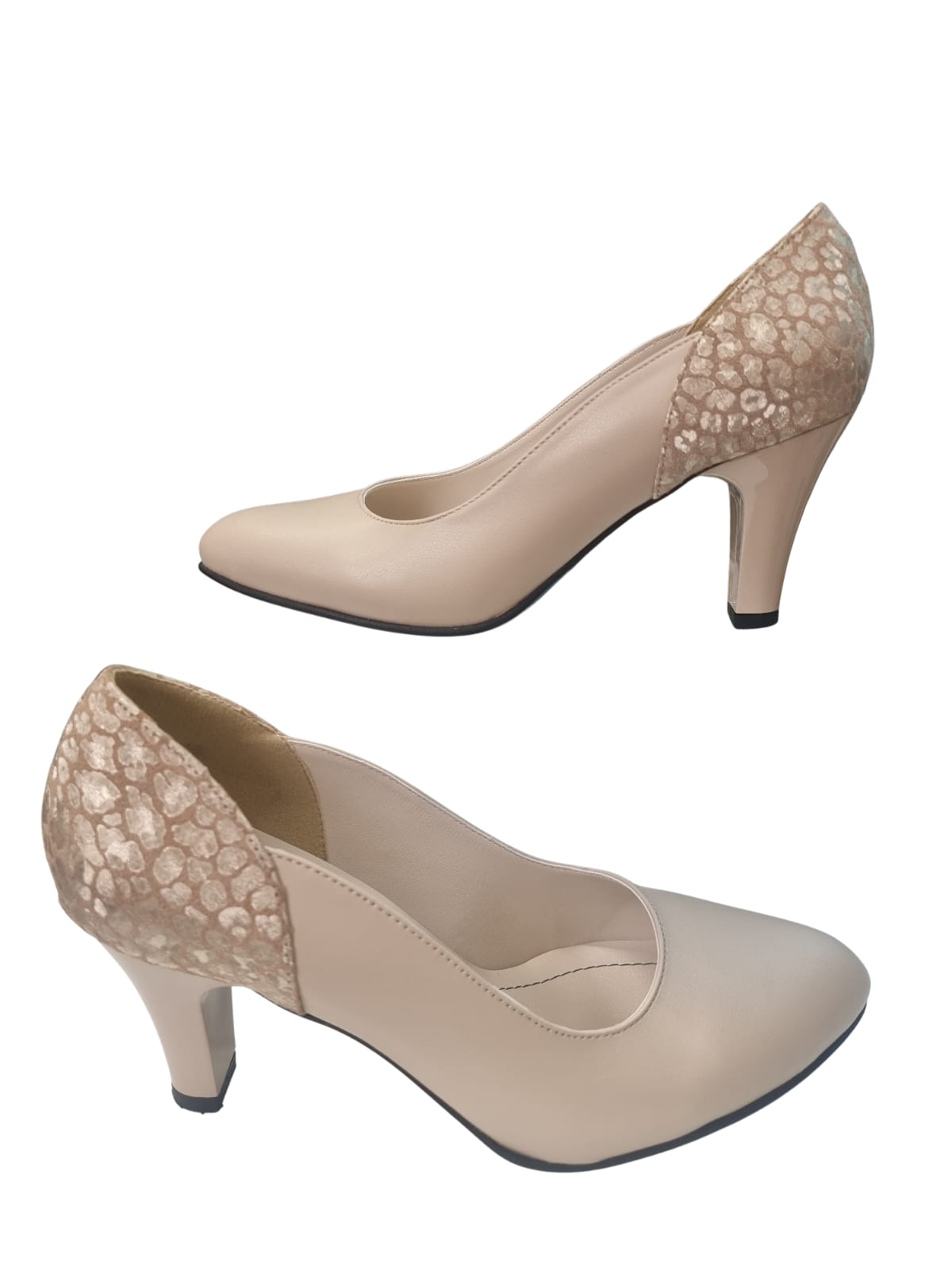 Pantofi eleganți damă bej cu toc 7 cm și detaliu texturat spate – piele naturală