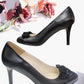 Pantofi eleganți negri din piele naturală cu aplicație decorativă și toc 7 cm