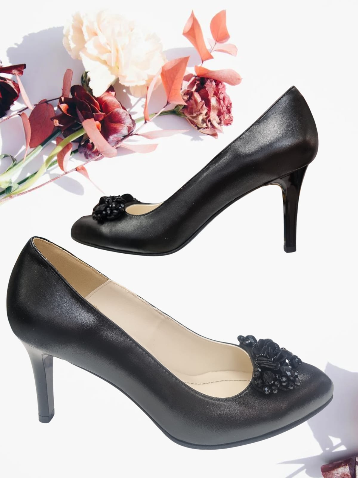 Pantofi eleganți negri din piele naturală cu aplicație decorativă și toc 7 cm