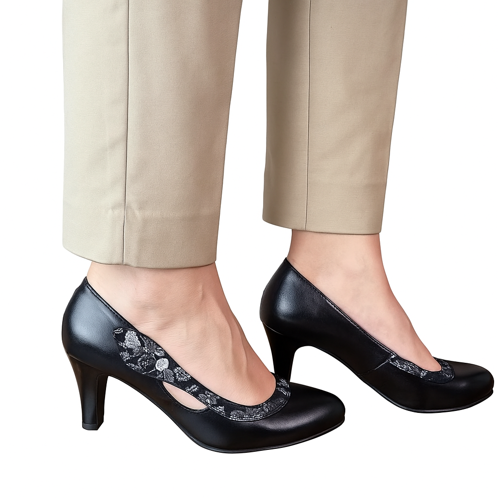 Pantofi eleganți negri cu imprimeu floral și decupaj lateral