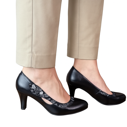 Pantofi eleganți negri din piele naturală cu imprimeu floral și decupaj lateral