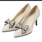Pantofi damă eleganți bej cu fundiță cu perle și toc 7 cm – mărimi 34-41 | Pantofi Nimar