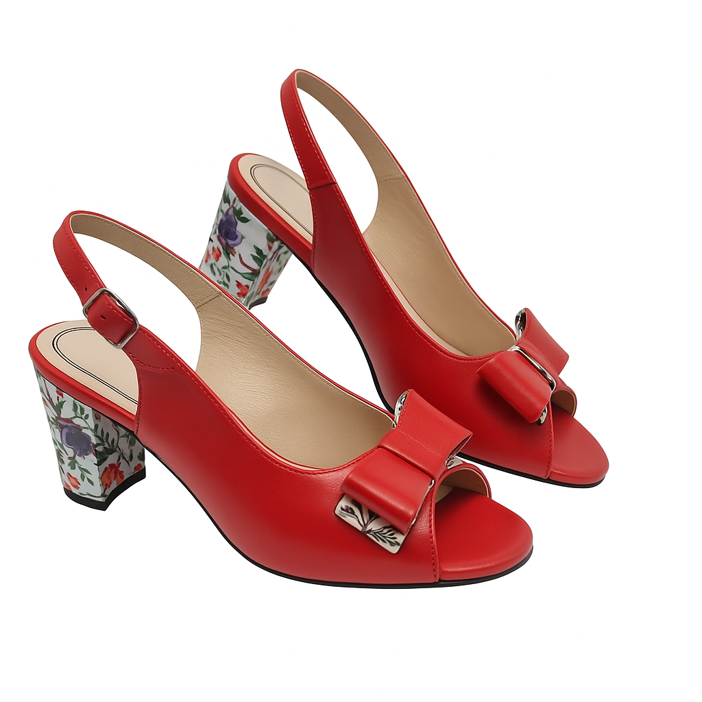 Sandale Roșii din Piele Naturală cu Toc Floral de 7 cm – Accesoriu Elegant de Vară