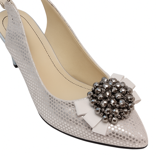 Sandale argintii din piele naturală cu toc și fundiță cu pietre – eleganță pentru evenimente speciale