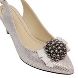 Sandale argintii din piele naturală cu toc și fundiță cu pietre – eleganță pentru evenimente speciale