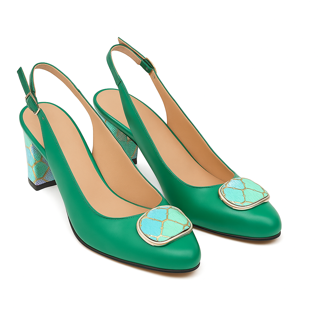 Sandale elegante din piele verde cu toc gros imprimat 7 cm – model cu baretă