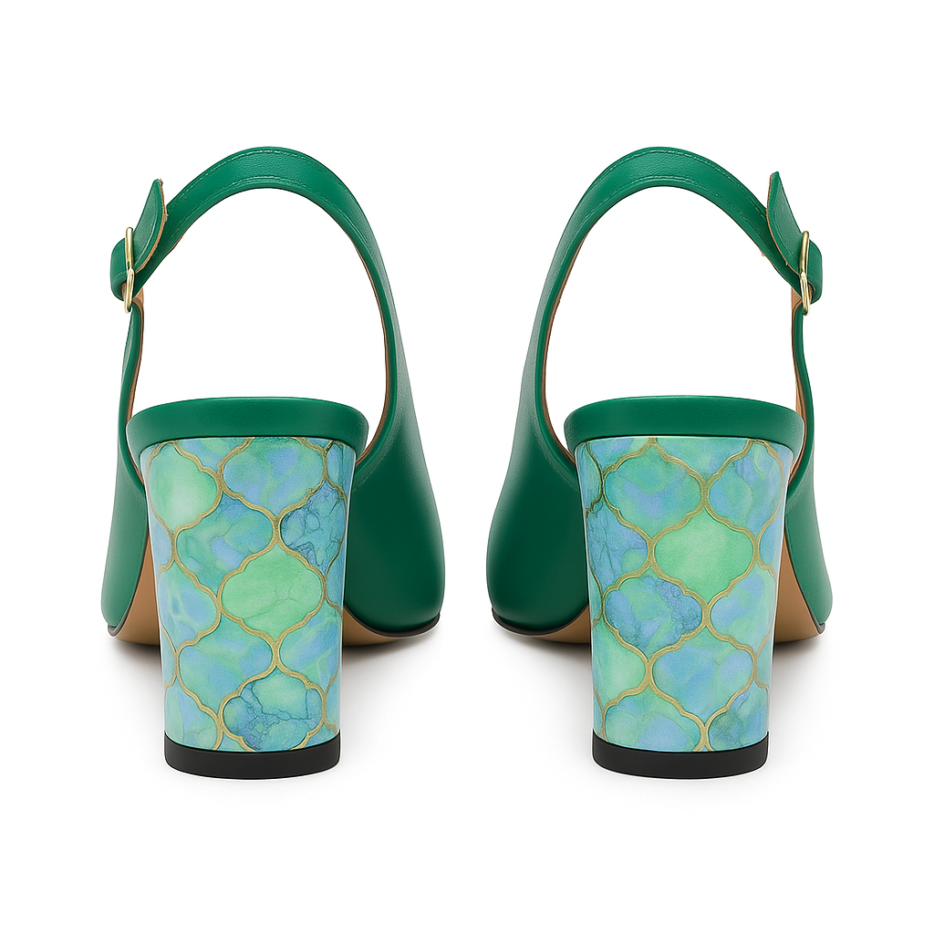 Sandale elegante din piele verde cu toc gros imprimat 7 cm – model cu baretă