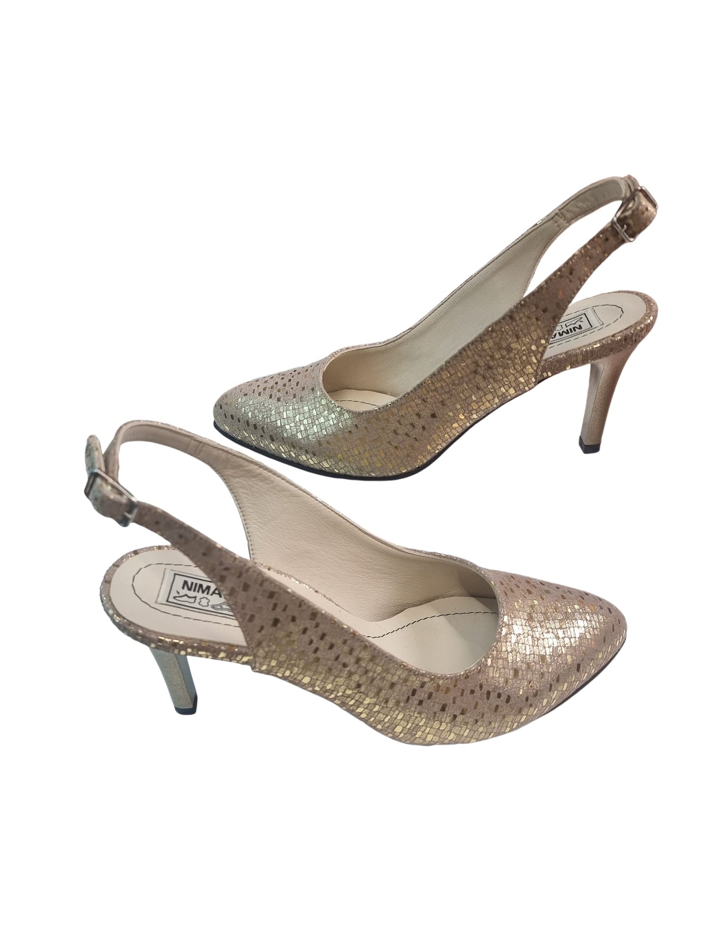 Sandale slingback aurii din piele naturală cu toc de 7 cm