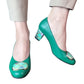 Pantofi verzi din piele naturală cu toc gros de 5 cm – detaliu floral elegant