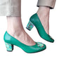 Pantofi verzi din piele naturală cu toc gros de 5 cm – detaliu floral elegant