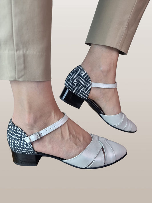 Sandale damă din piele naturală alb sidefat cu toc mic de 3 cm – confort și eleganță