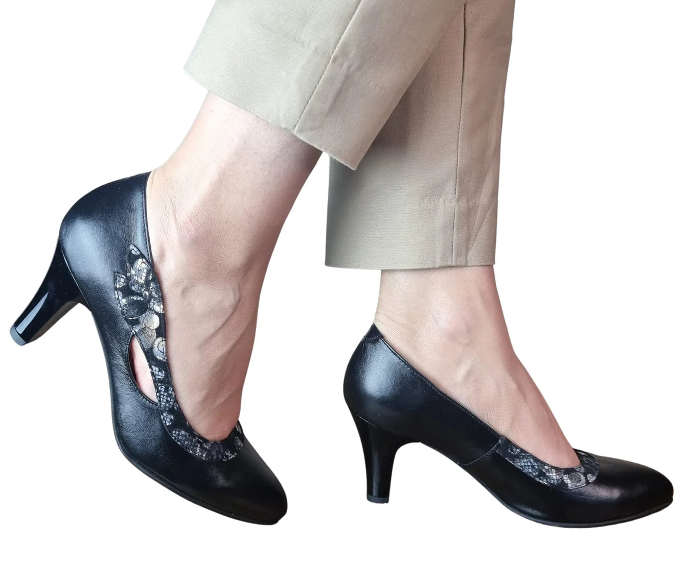 Pantofi eleganți negri din piele naturală cu imprimeu floral și decupaj lateral