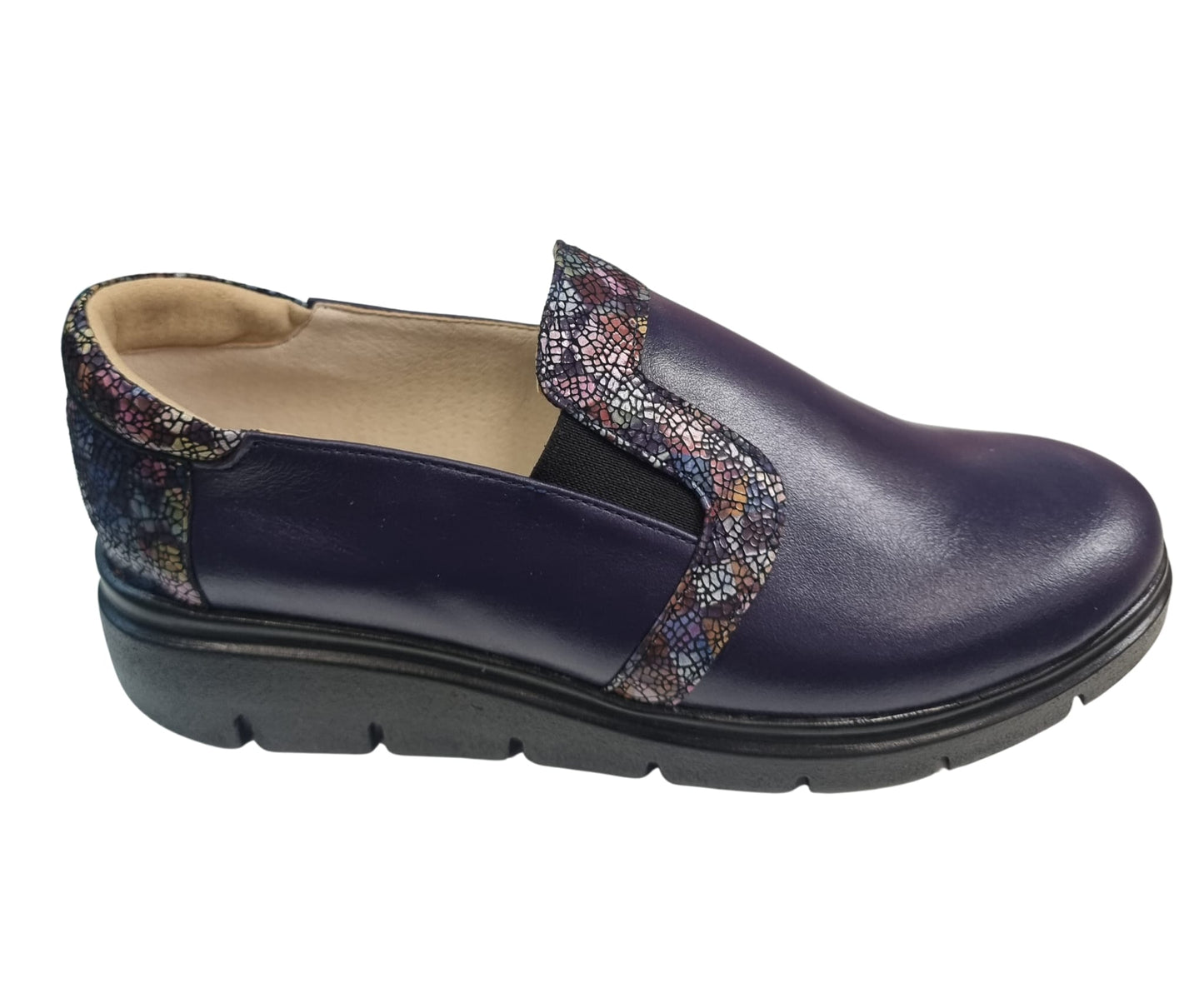 Pantofi slip-on damă din piele bleumarin cu detalii mozaic și talpă confort