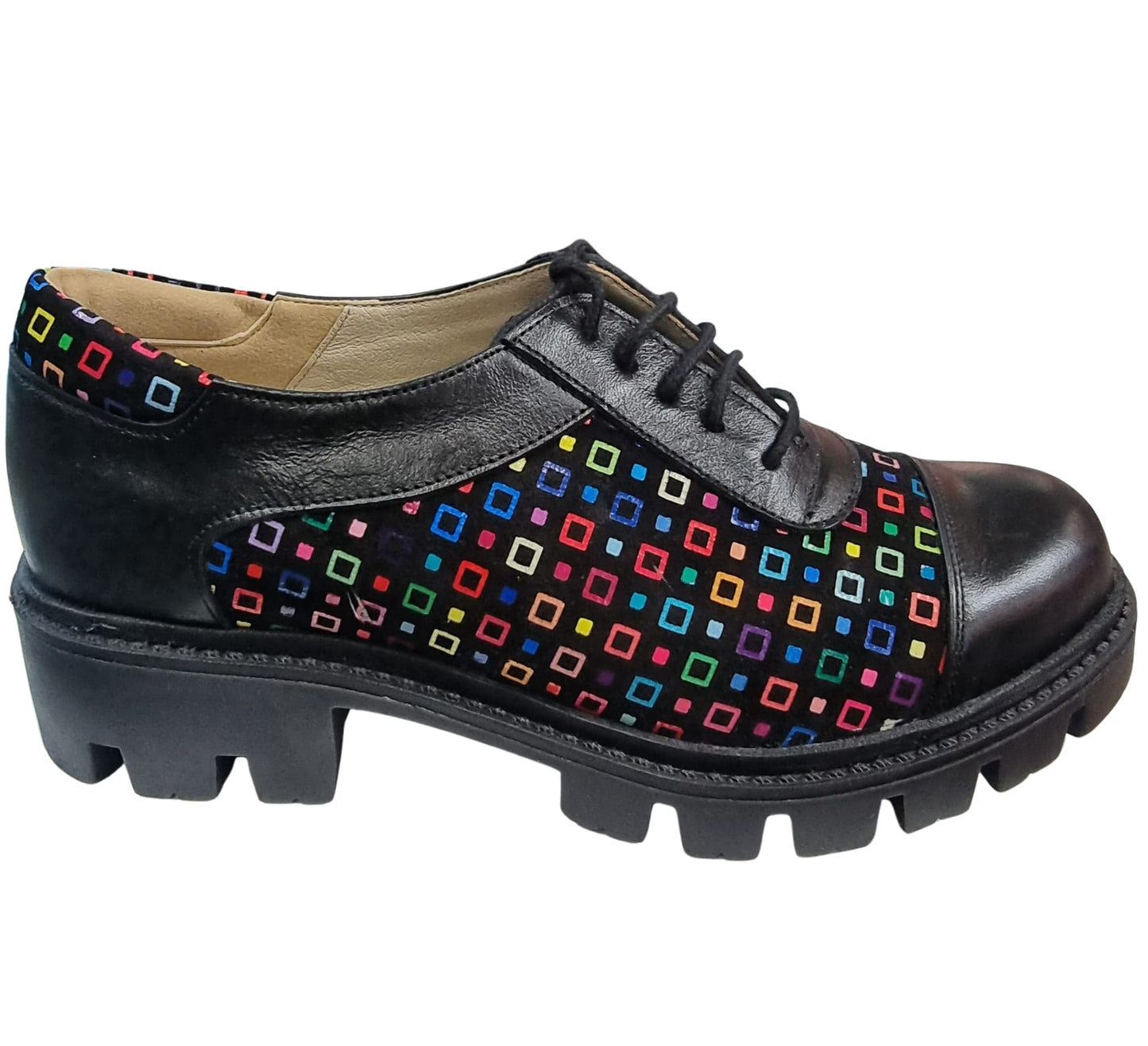 Pantofi casual damă din piele cu imprimeu geometric multicolor și talpă groasă