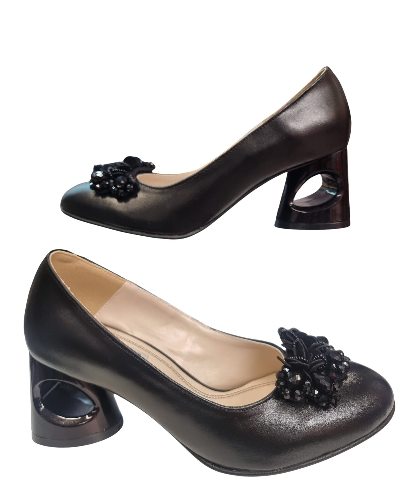 Pantofi Eleganți Din Piele Neagră cu Aplicație și Toc Sculptural – 5.5 cm