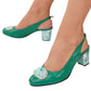 Sandale elegante din piele verde cu toc gros imprimat 7 cm – model cu baretă