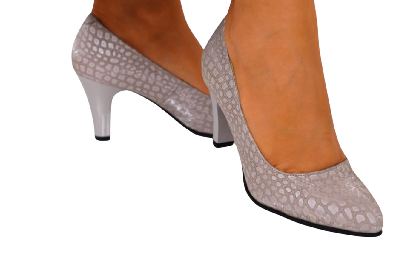 Pantofi eleganți bej cu textură piele de reptilă și toc gros 7 cm