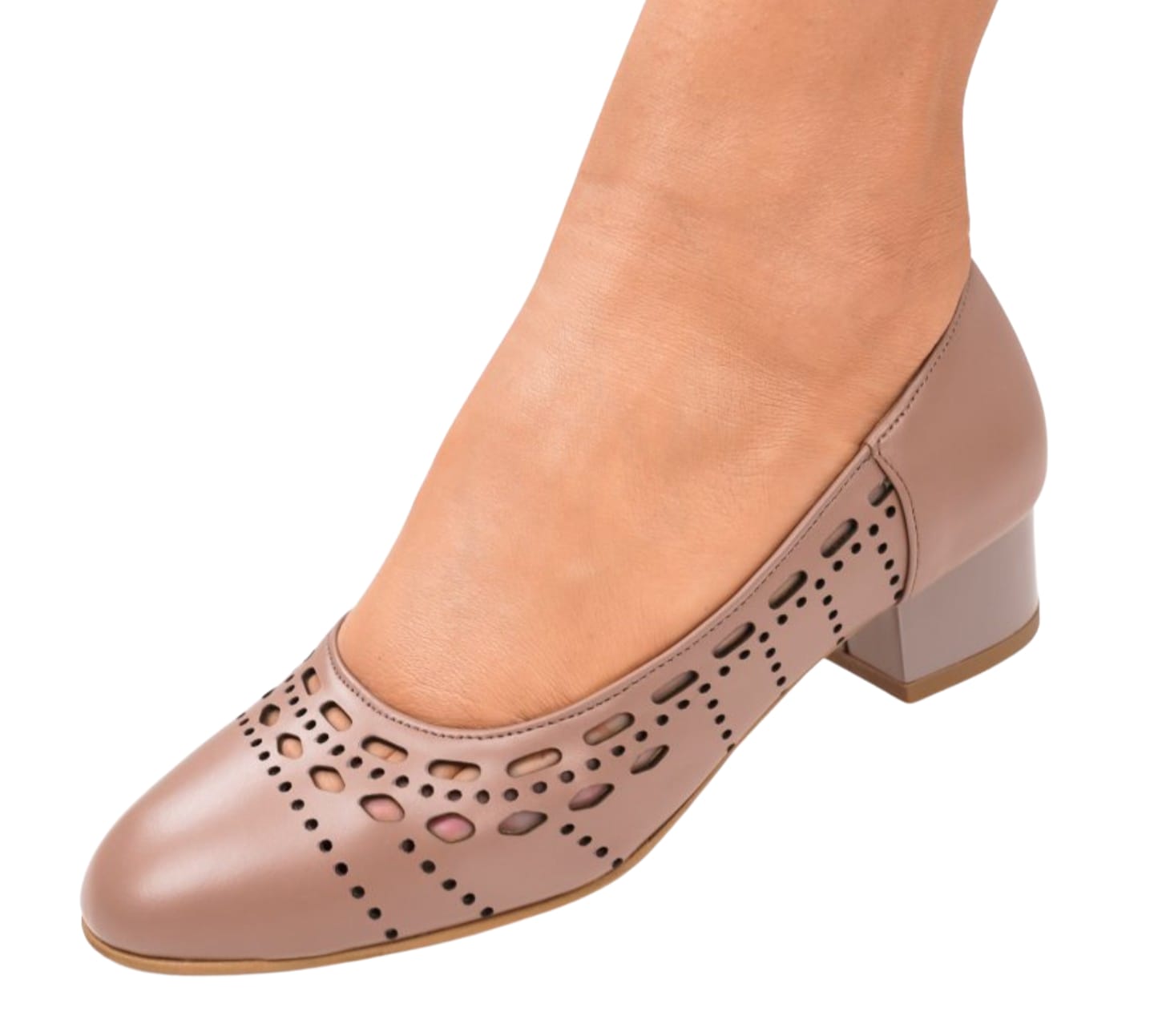 Pantofi damă bej perforați din piele naturală, toc gros 3 cm – Eleganță și confort