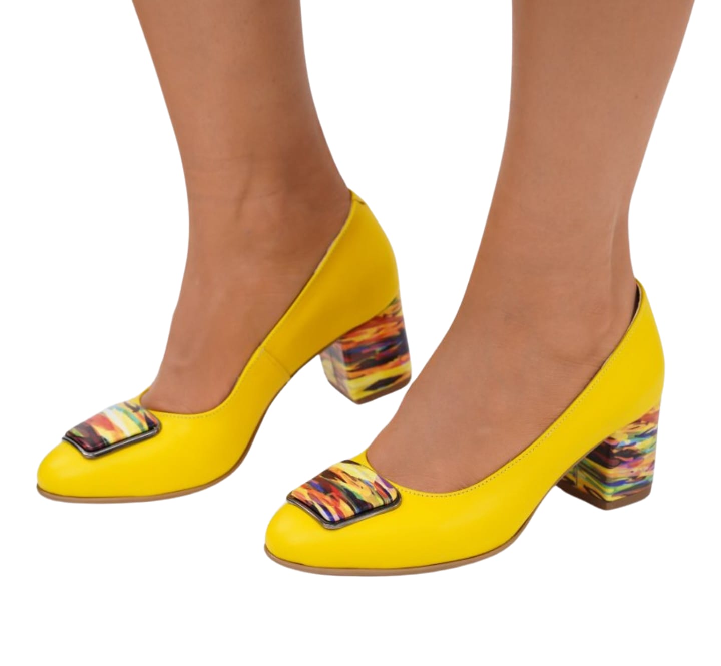 Pantofi Galbeni din Piele Naturală cu Toc Gros Colorat – Casual Eleganți & Confortabili