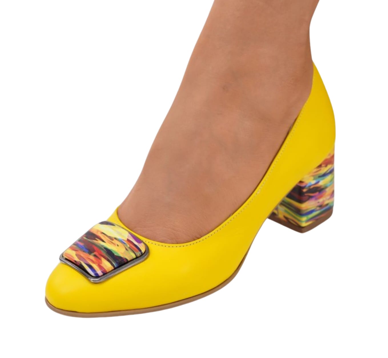 Pantofi Galbeni din Piele Naturală cu Toc Gros Colorat – Casual Eleganți & Confortabili