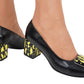 Pantofi damă negri cu toc gros imprimeu galben – piele naturală, eleganță cu personalitate