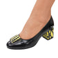 Pantofi damă negri cu toc gros imprimeu galben – piele naturală, eleganță cu personalitate