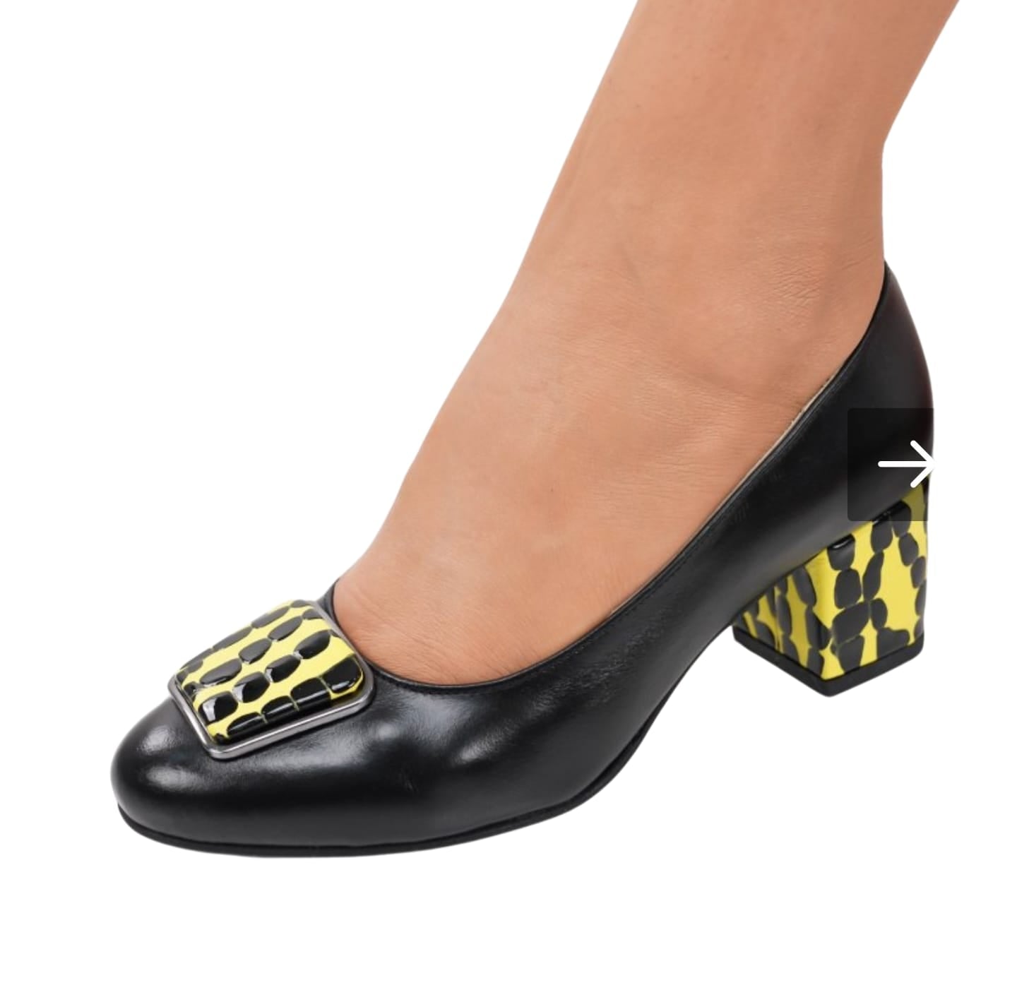 Pantofi damă negri cu toc gros imprimeu galben – piele naturală, eleganță cu personalitate