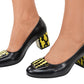 Pantofi damă negri cu toc gros imprimeu galben – piele naturală, eleganță cu personalitate