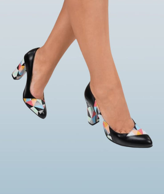 Pantofi damă eleganți negri din piele cu imprimeu geometric și toc gros colorat – Nimar