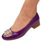 Pantofi eleganți mov din piele naturală cu toc mic și accesoriu multicolor