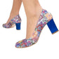 Pantofi eleganți din piele naturală cu imprimeu floral și toc albastru – model statement