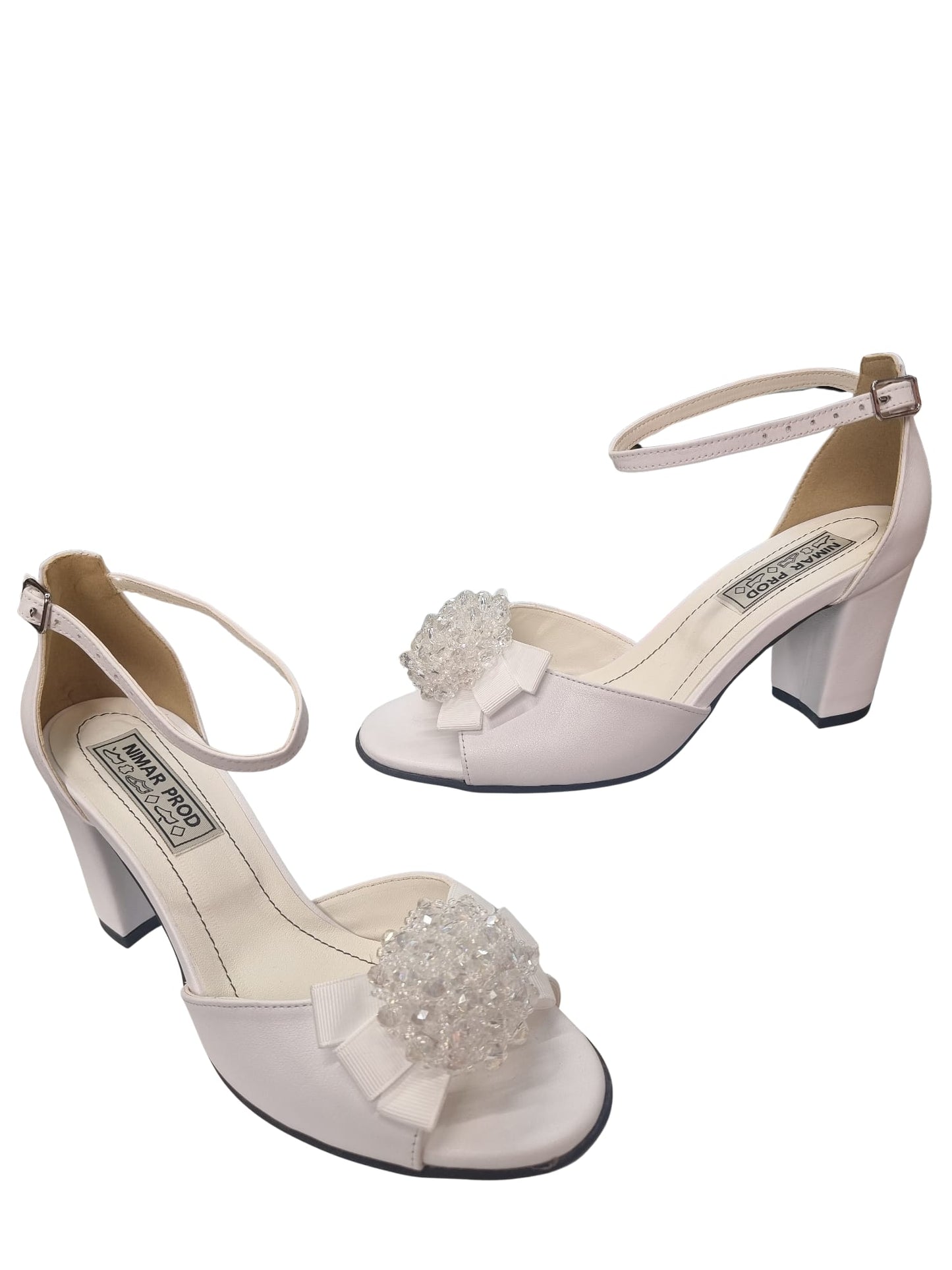 Sandale albe cu toc gros și decor perlă – Piele naturală – Elegant Nimar Prod