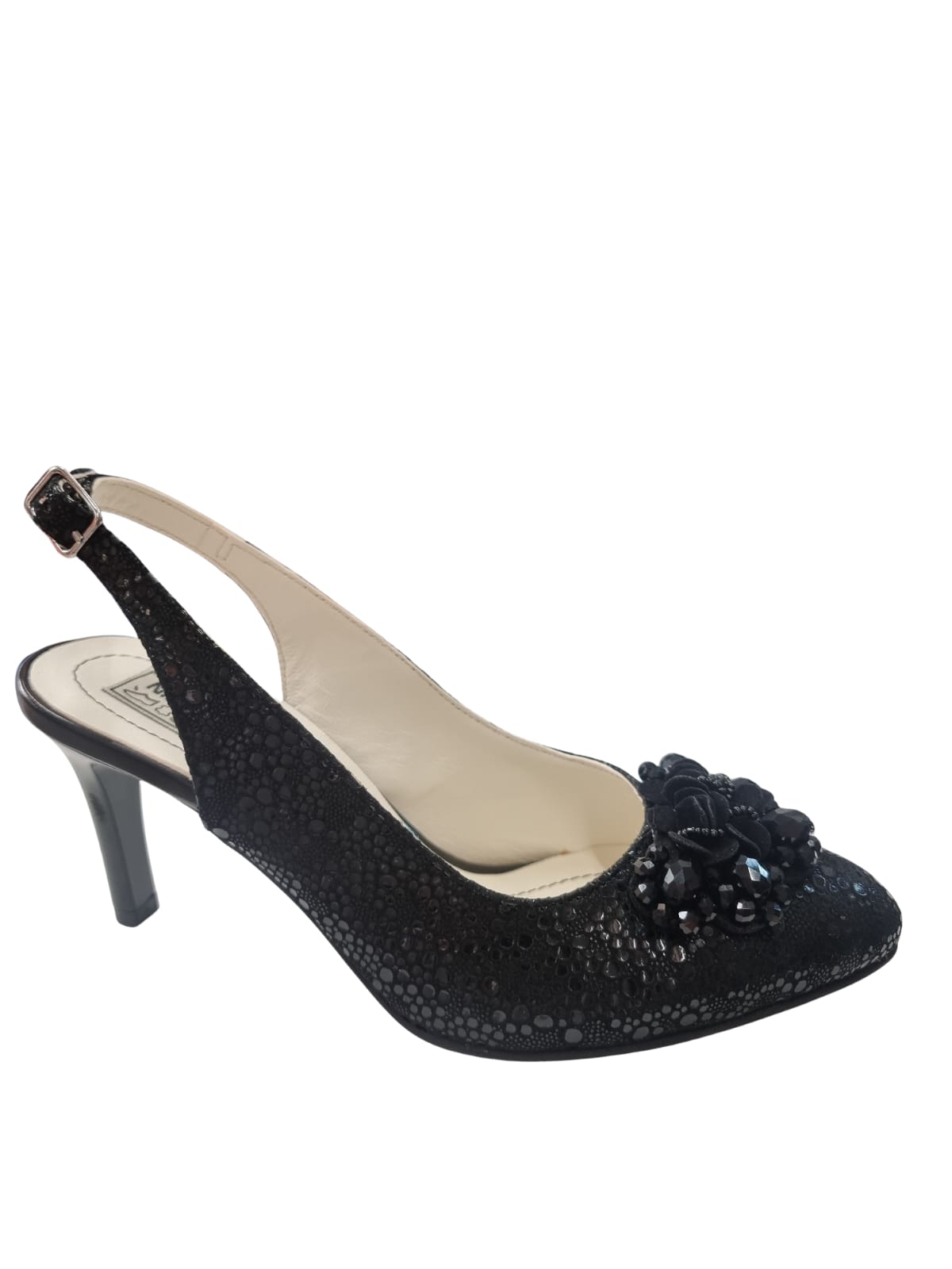 Sandale negre elegante cu toc 7 cm și aplicație florala – Piele naturală – Pantofi Nimar