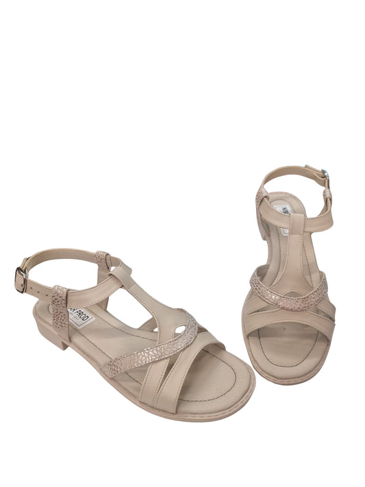 Sandale bej din piele naturală cu barete, talpă joasă, model confortabil