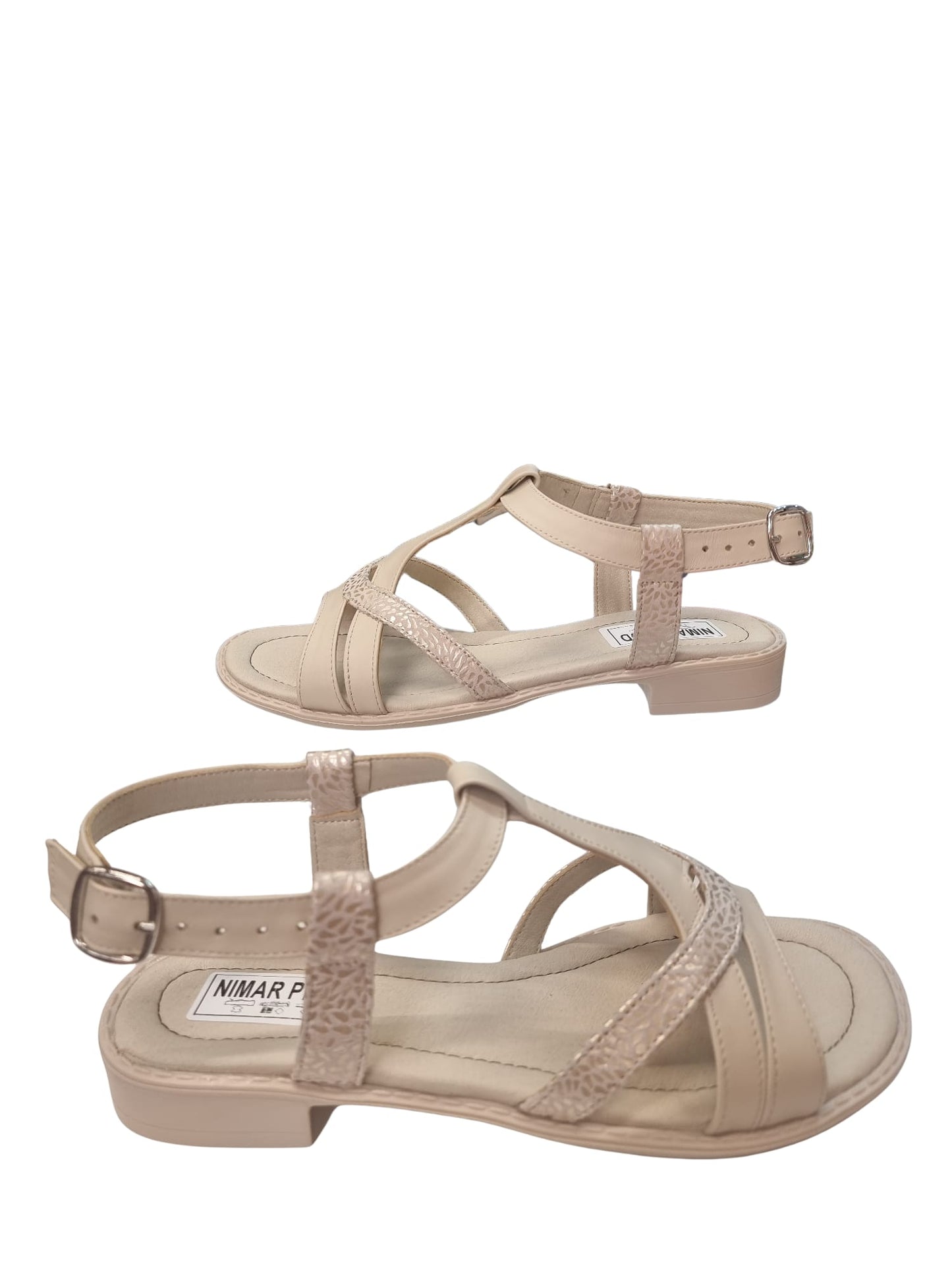Sandale bej din piele naturală cu barete, talpă joasă, model confortabil