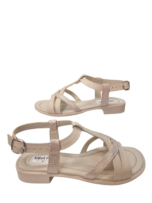 Sandale bej din piele naturală cu barete, talpă joasă, model confortabil