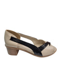 Sandale damă bej cu detaliu negru, piele naturală, toc gros 4 cm