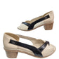 Sandale damă bej cu detaliu negru, piele naturală, toc gros 4 cm