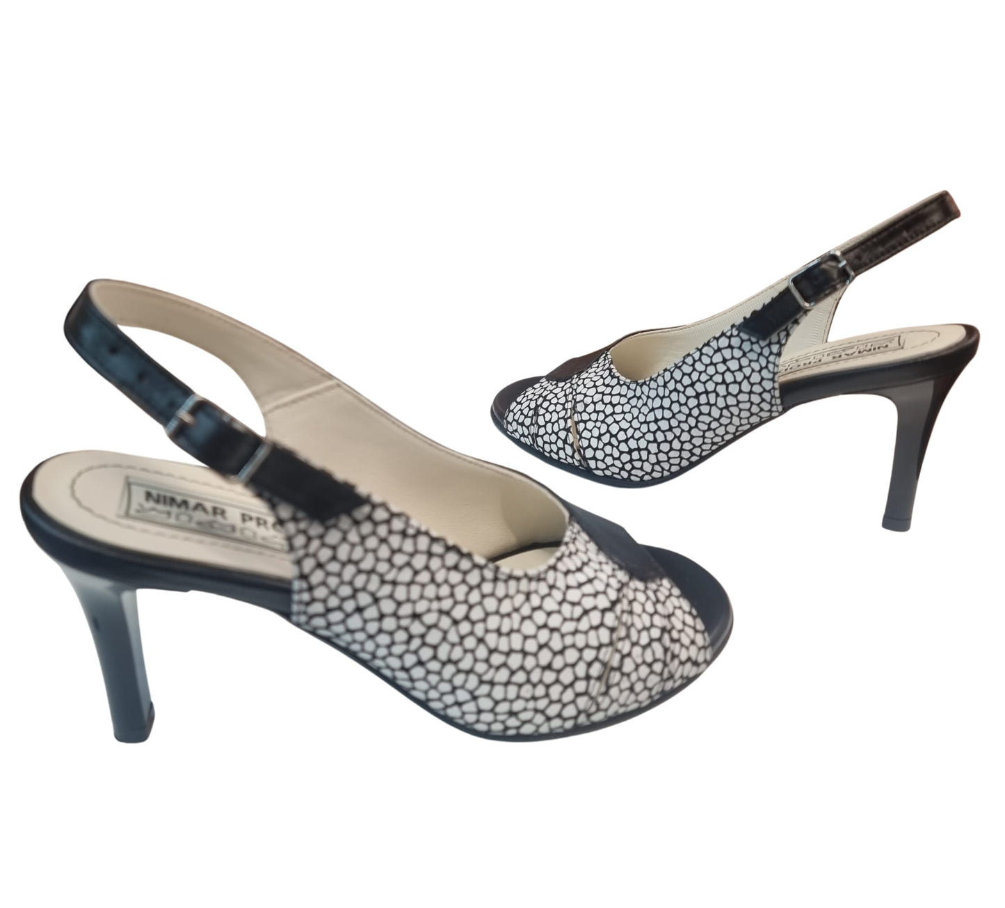 Sandale elegante din piele naturală, alb-negru, toc subțire 7 cm – design geometric