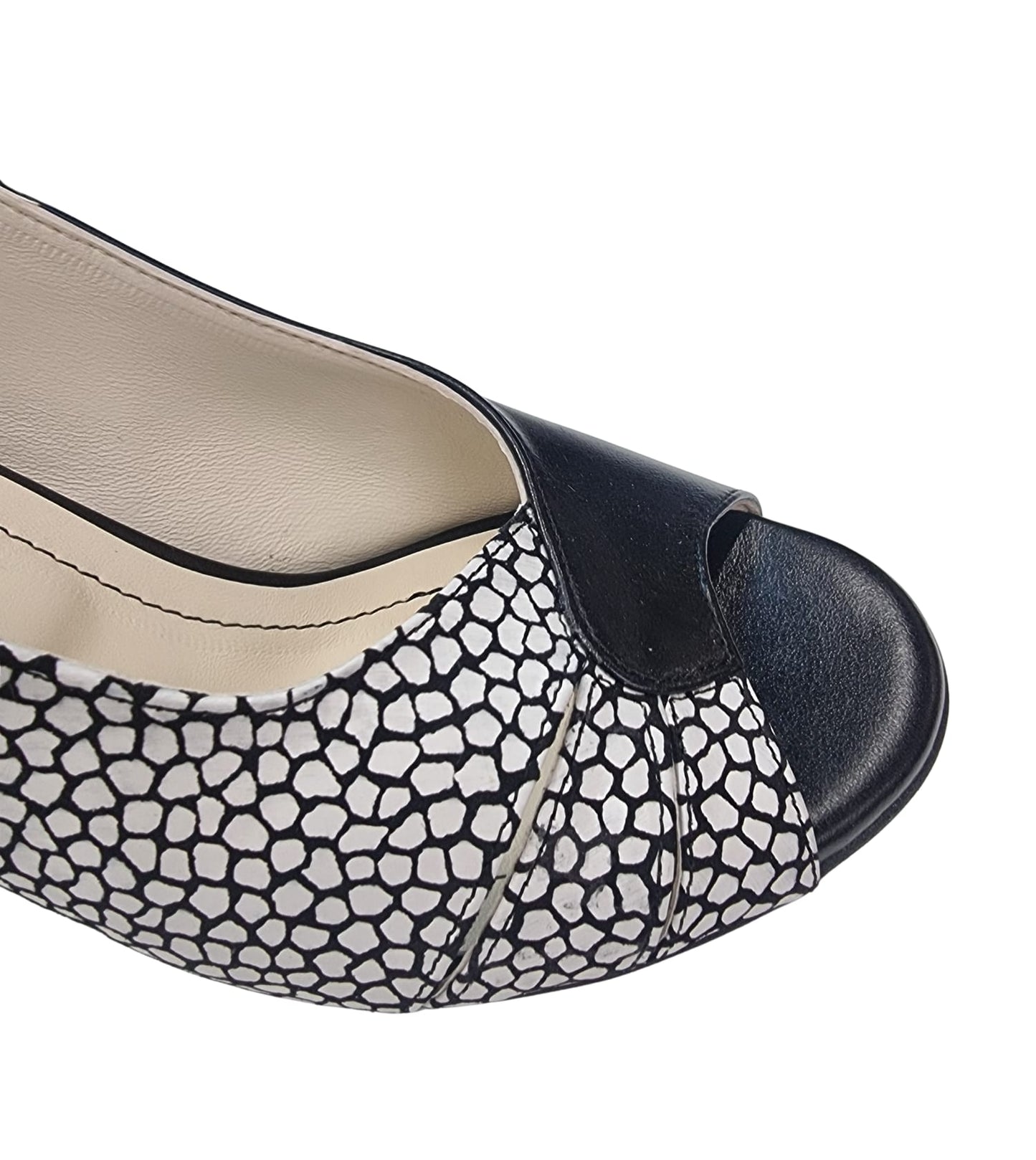 Sandale elegante din piele naturală, alb-negru, toc subțire 7 cm – design geometric