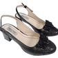 Sandale slingback negre din piele naturală, toc gros 5 cm, flori și paiete