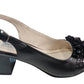 Sandale slingback negre din piele naturală, toc gros 5 cm, flori și paiete