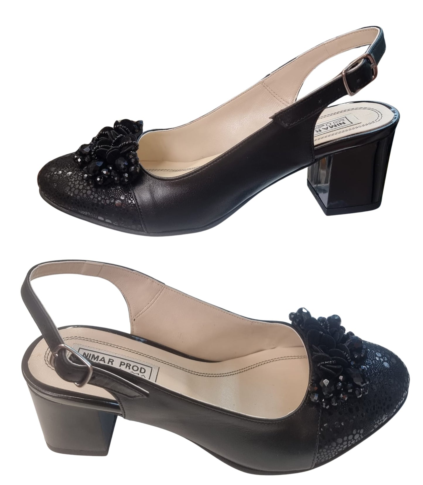 Sandale slingback negre din piele naturală, toc gros 5 cm, flori și paiete