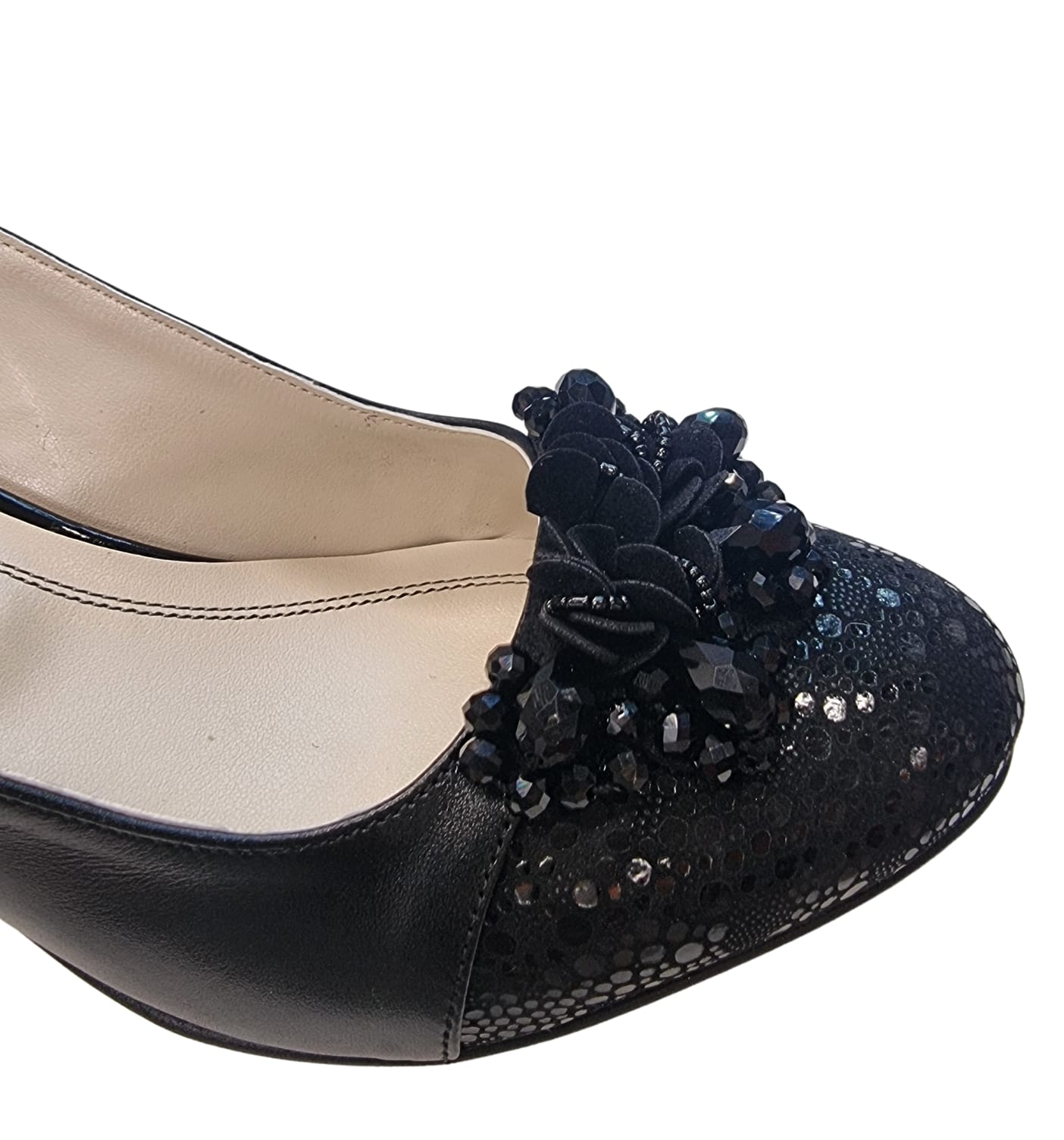 Sandale slingback negre din piele naturală, toc gros 5 cm, flori și paiete