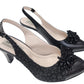 Sandale elegante damă din piele naturală, toc 7 cm, negru, cu broderie și aplicații florale
