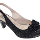 Sandale elegante damă din piele naturală, toc 7 cm, negru, cu broderie și aplicații florale