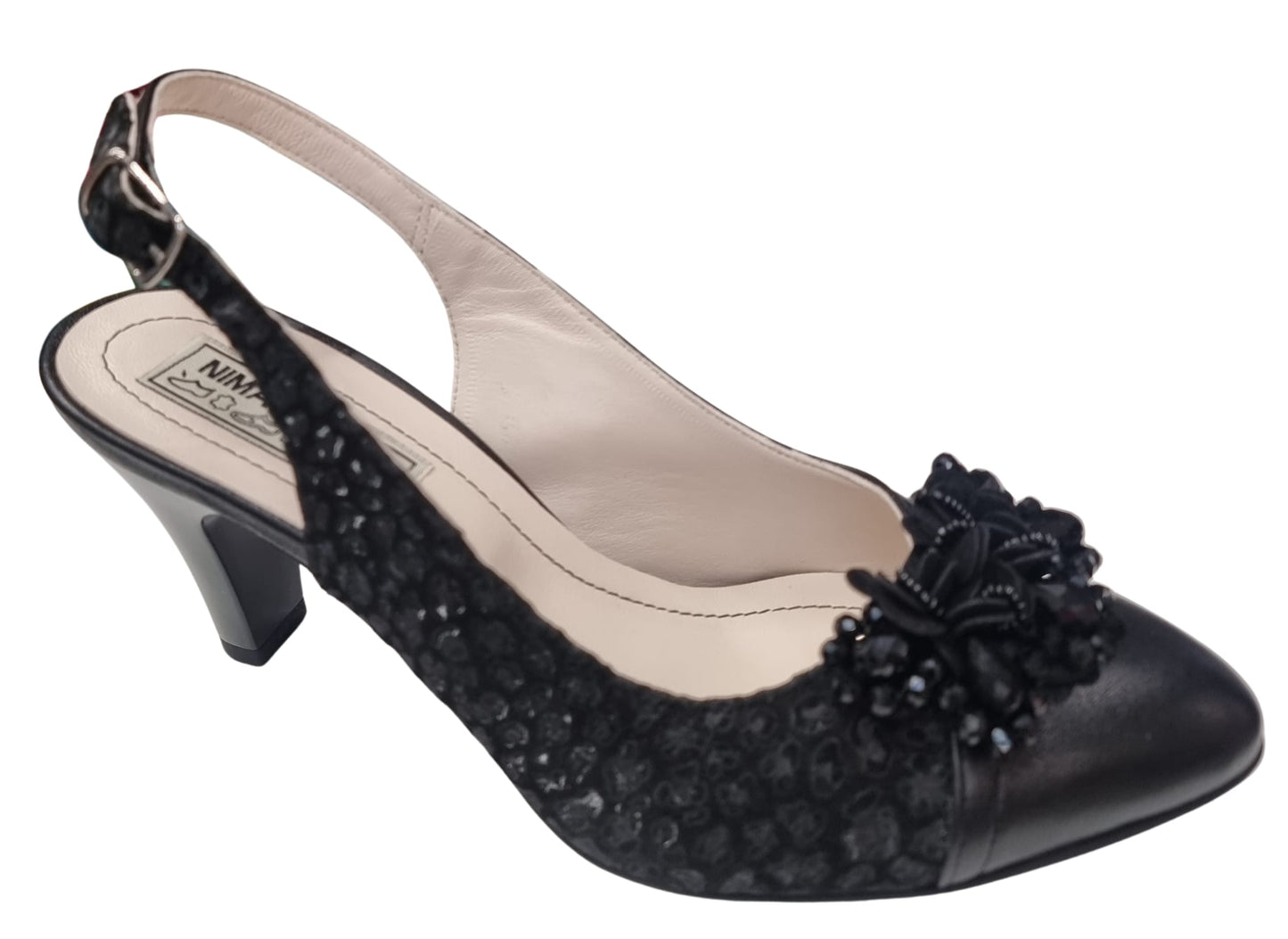 Sandale elegante damă din piele naturală, toc 7 cm, negru, cu broderie și aplicații florale