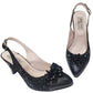 Sandale elegante damă din piele naturală, toc 7 cm, negru, cu broderie și aplicații florale