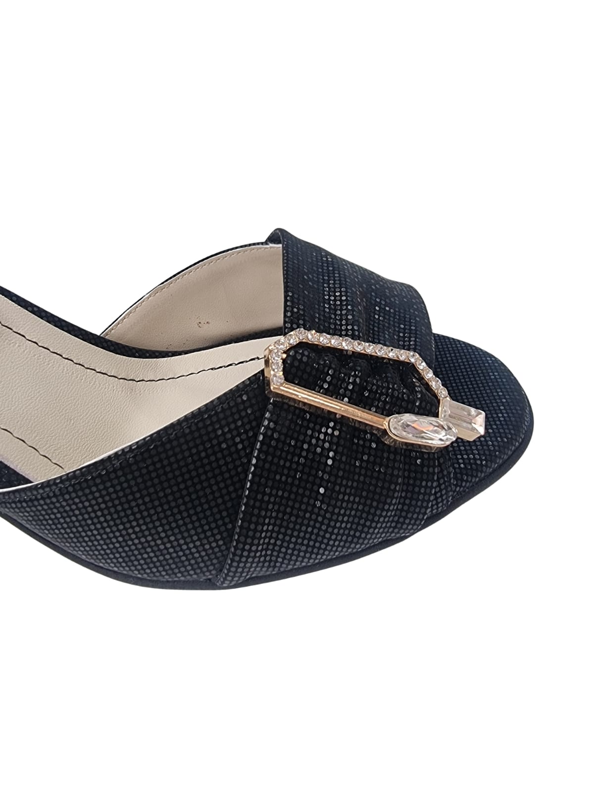 Sandale negre elegante cu toc de 7 cm și baretă subțire – decor glam cu pietre