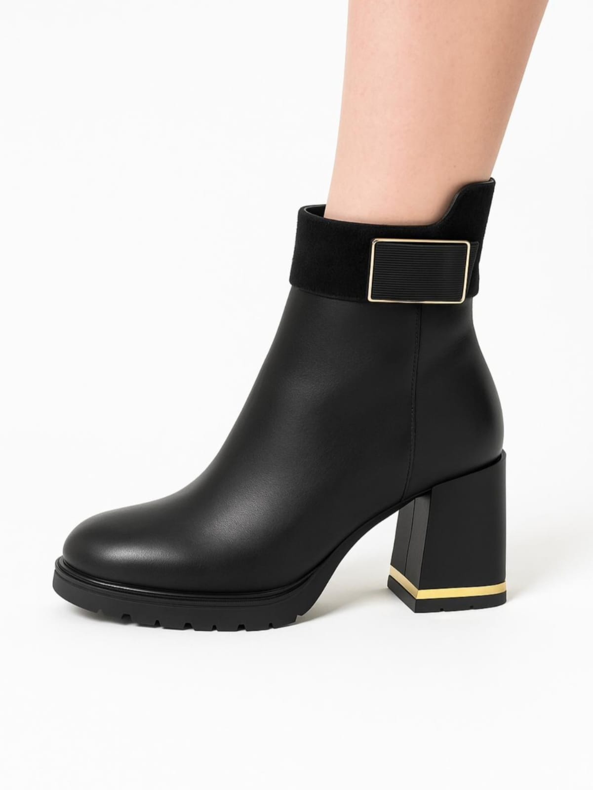 Botine Dama din Piele Naturală Negre – Toc 8 cm & Platou 1 cm, Accesorii Aurii – Model Elegant